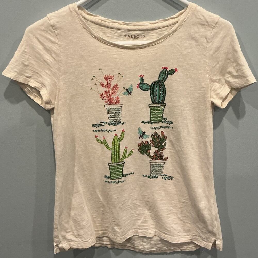 Talbots Womens Shirt Beaded Embroidered Cactus White Size P Plant Lady Garden